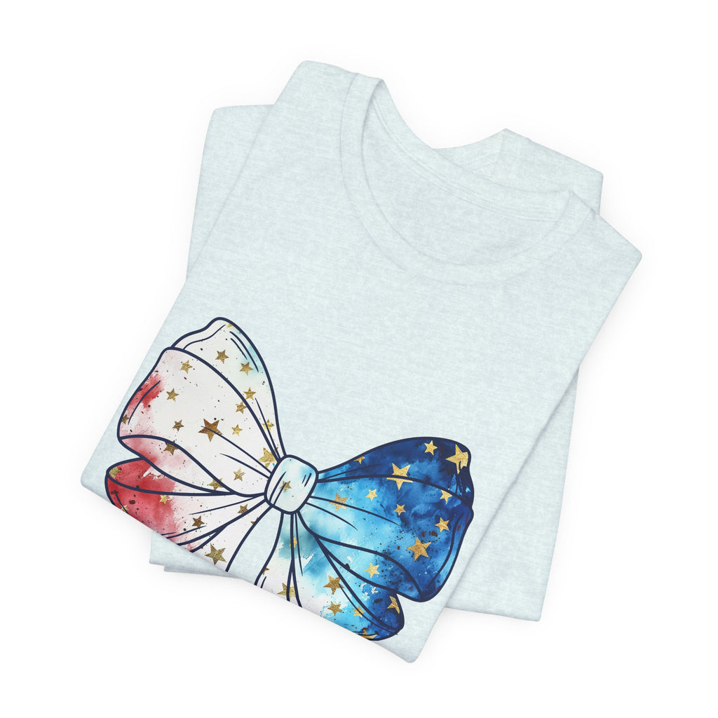 Patriotic Star-Spangled Bow T-Shirt — Red White Blue Ribbon Tee