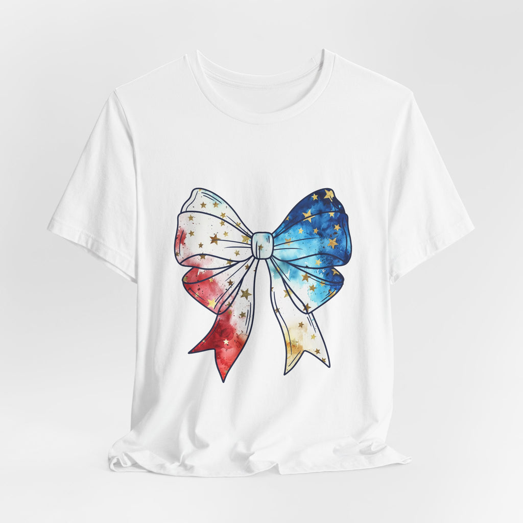 Patriotic Star-Spangled Bow T-Shirt — Red White Blue Ribbon Tee