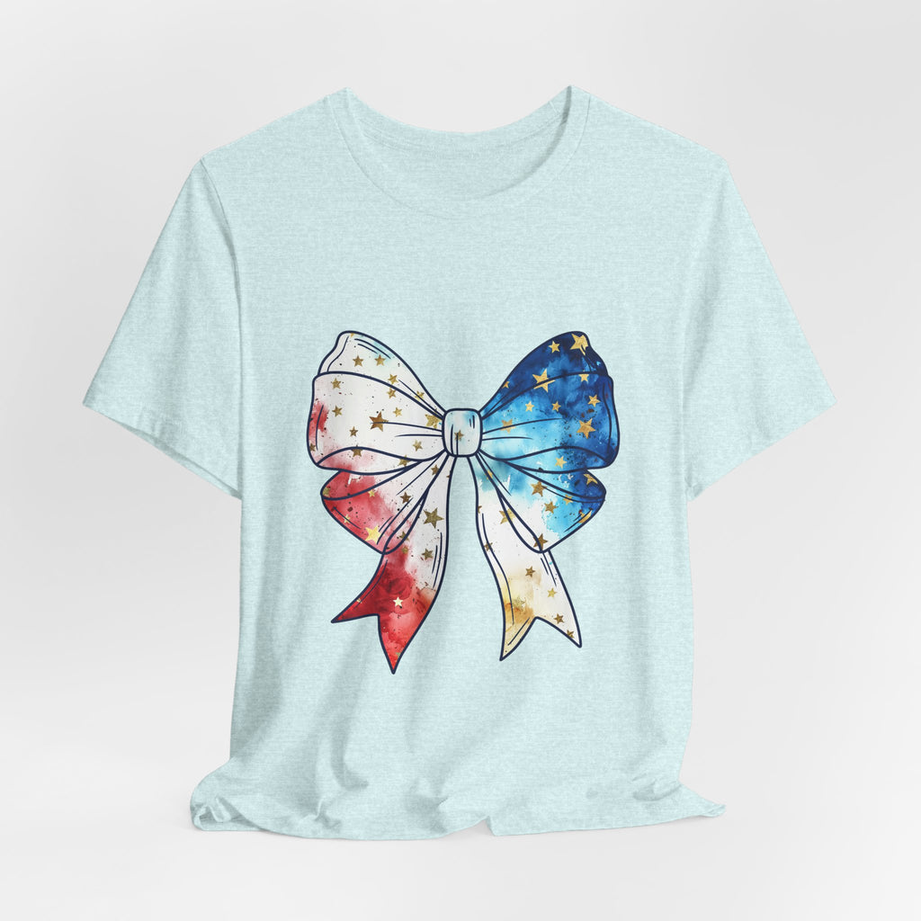 Patriotic Star-Spangled Bow T-Shirt — Red White Blue Ribbon Tee